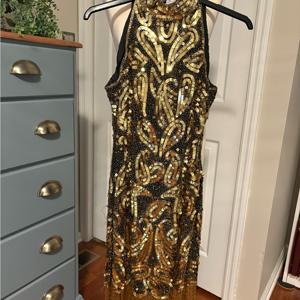 Vintage Gold and Black sequin Flapper Dress, L